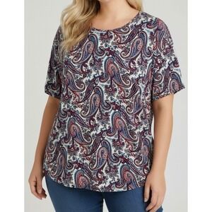 Talbots Womens 2Xp Plus Petite Paisley Ruched Short Sleeve Top Red Blue White